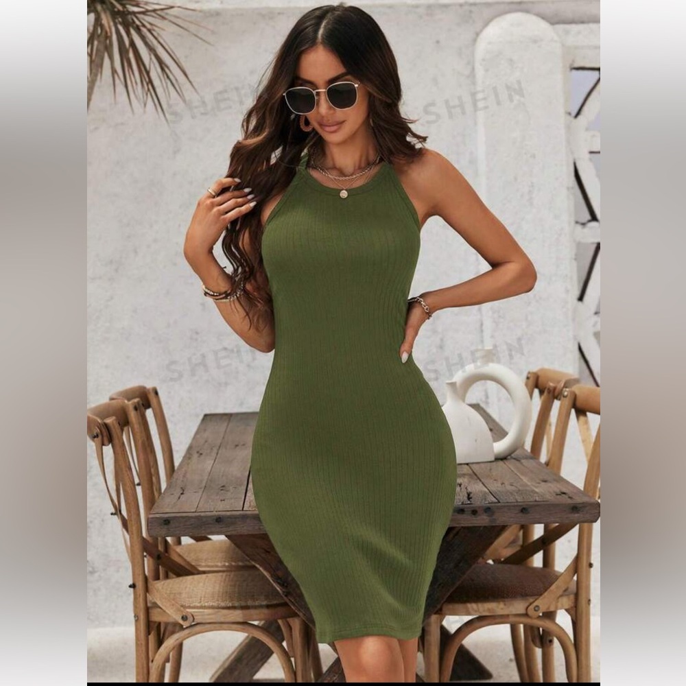 Shein Olive Green Cotton Ribbed Midi-Dress size L - Picture 4 of 6